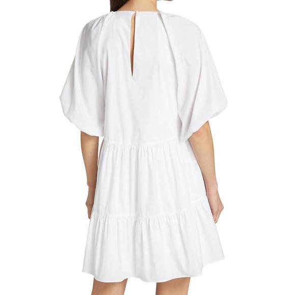 NEW CINQ A SEPT lynn cotton bow detail puff sleeve flared mini dress in white - Picture 4 of 6